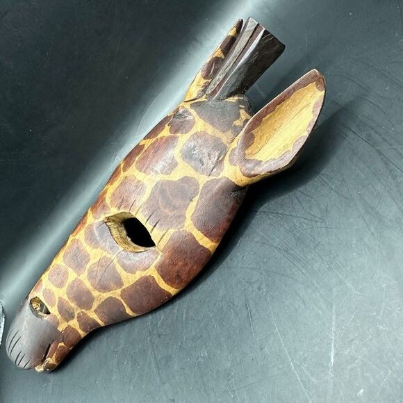 Vintage Giraffe Mask Hand Carved Wood Painted African Wall Decor Art Brown - Picture 11 of 16